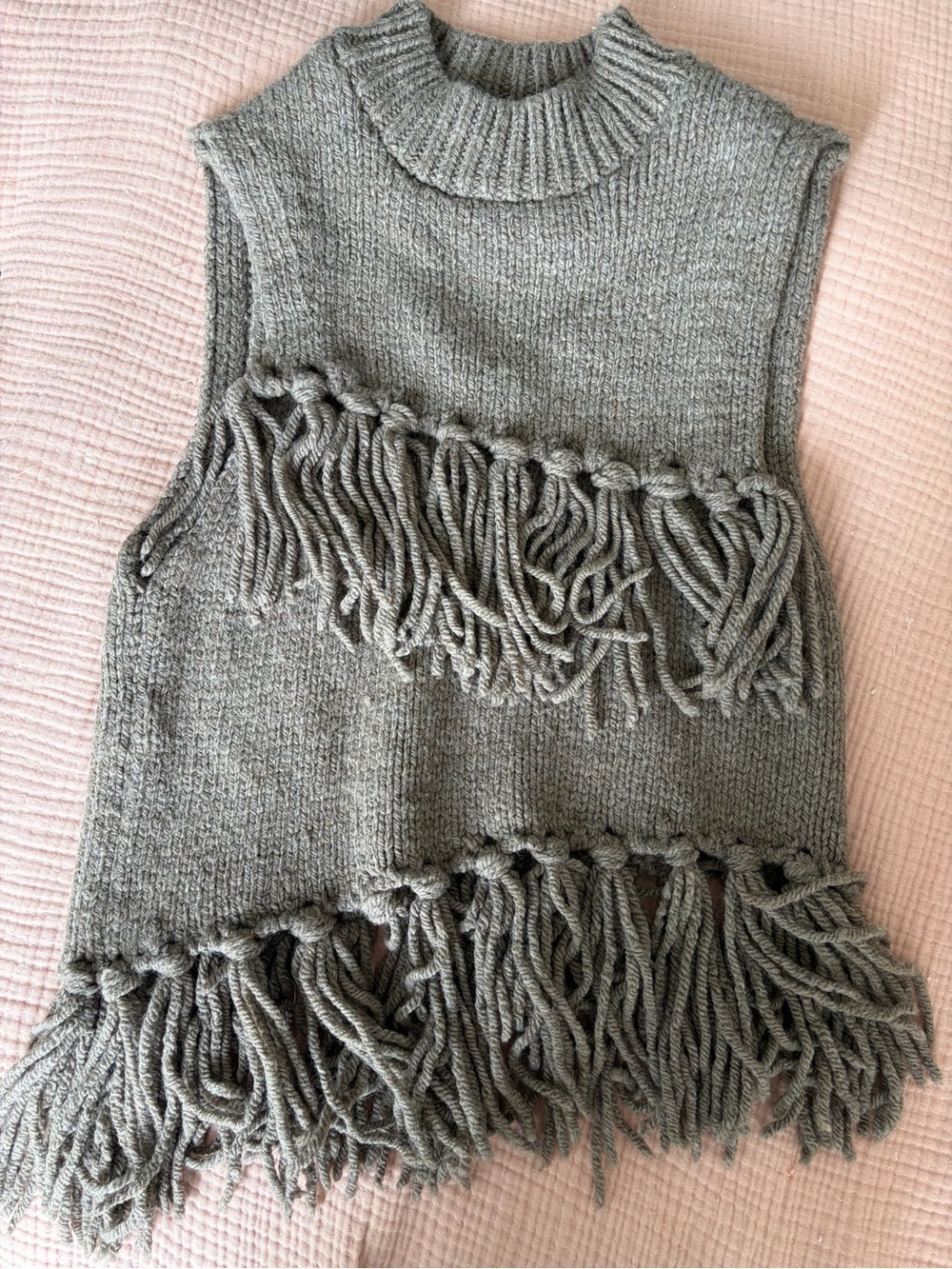 Zara Boho Taupe Brown Brown Grey Fringe Sleeveless crewneck Knit Top Vest, M - Picture 5 of 7